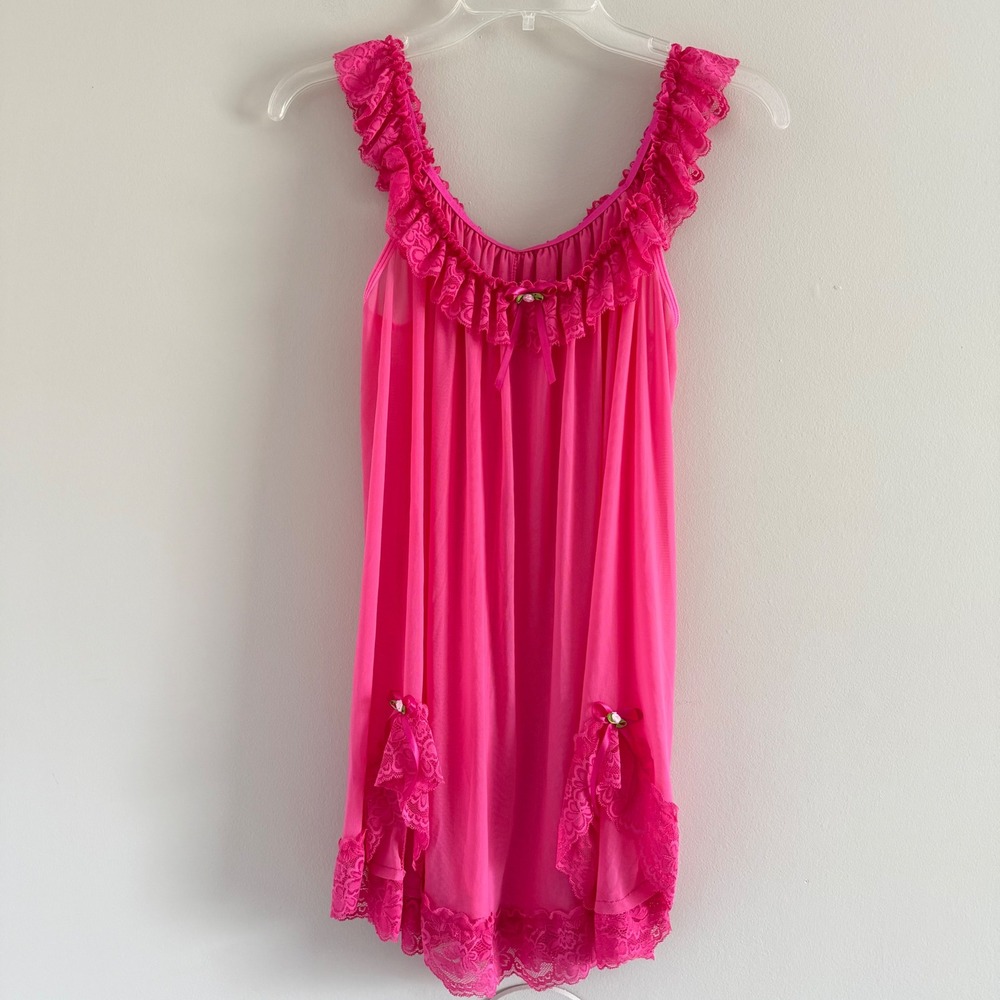 Y2K Romantic Babydoll Chemise Ruffle Hot Pink Lace Lingerie Nightgown S